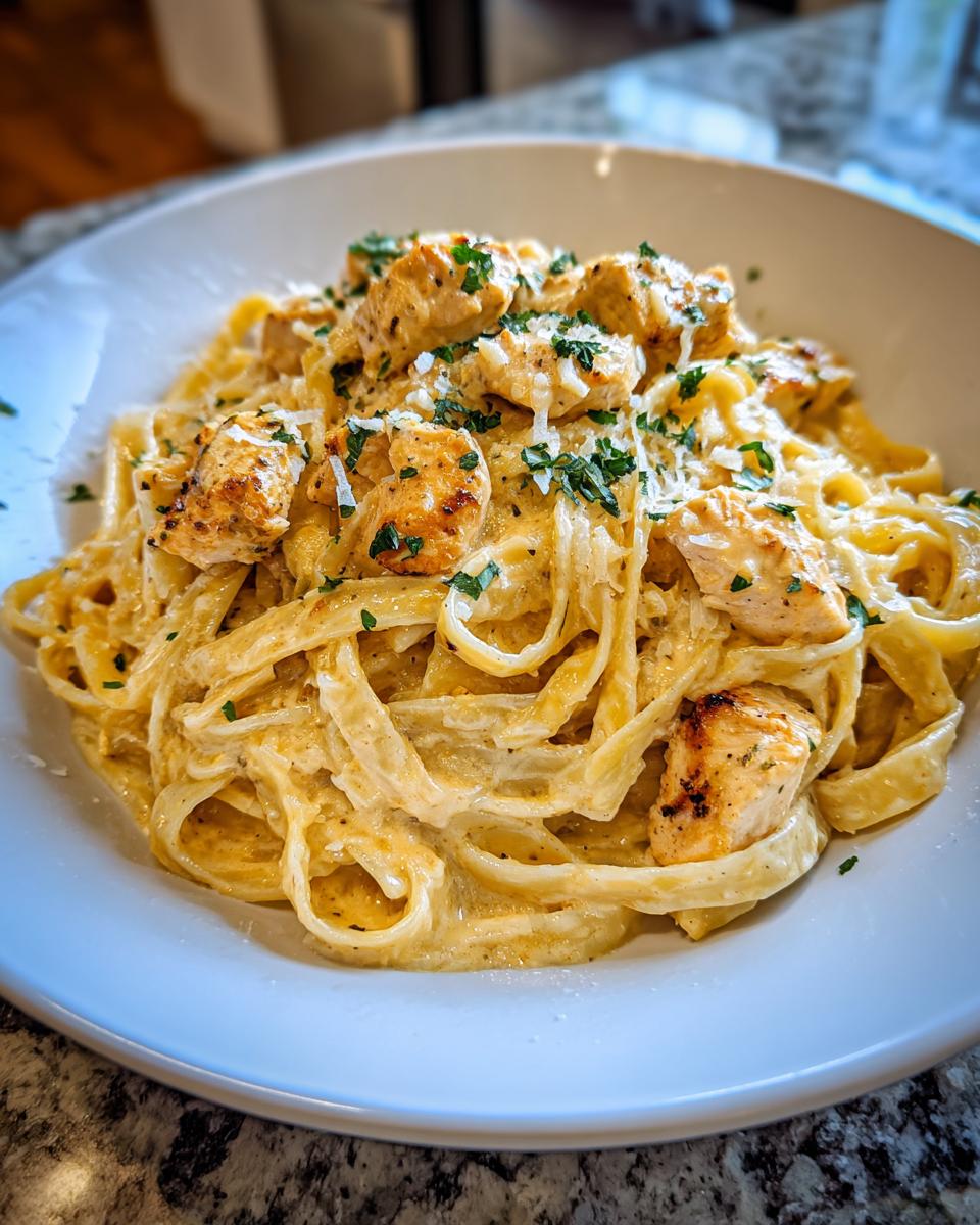 A close-up of creamy fettuccine chicken pasta topped with grilled chicken chunks, Parmesan, and fresh parsley.