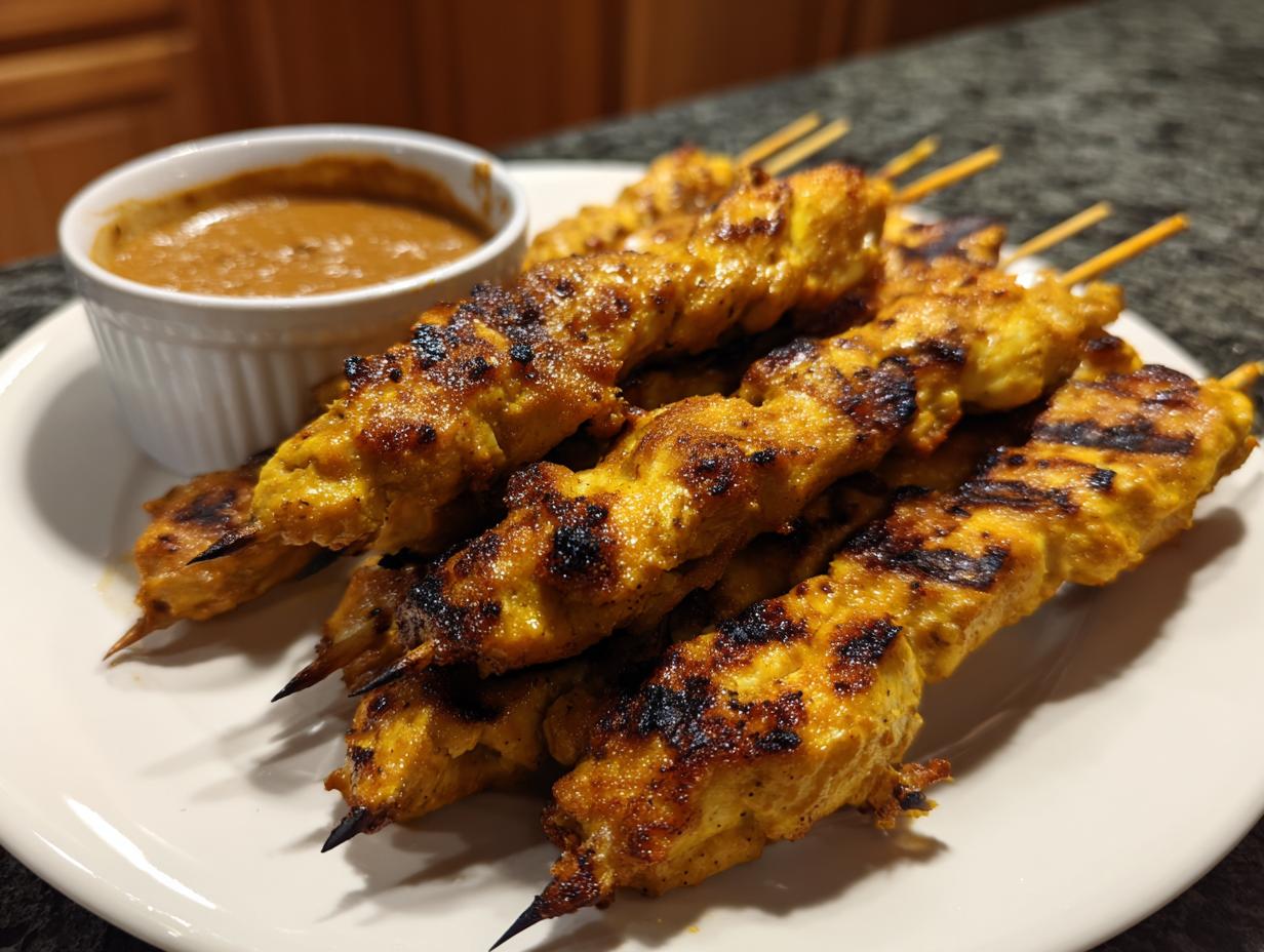 A plate of perfectly grilled, golden-yellow chicken satay skewers served next to a small bowl of peanut dipping sauce.