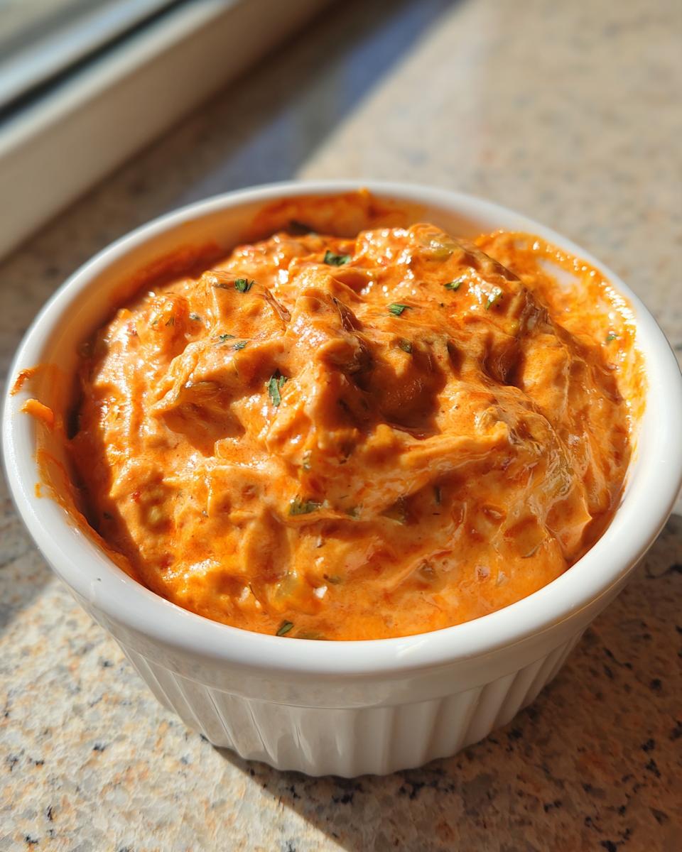 Close-up of creamy, orange chili cheese dip garnished with herbs in a small white ramekin.
