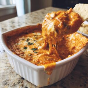 A chip scooping out a thick, cheesy portion of hot chili cheese dip, showing long cheese pulls.