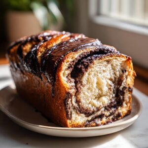 A freshly baked chocolate babka loaf, sliced to show the rich swirl filling, topped with dark chocolate glaze.