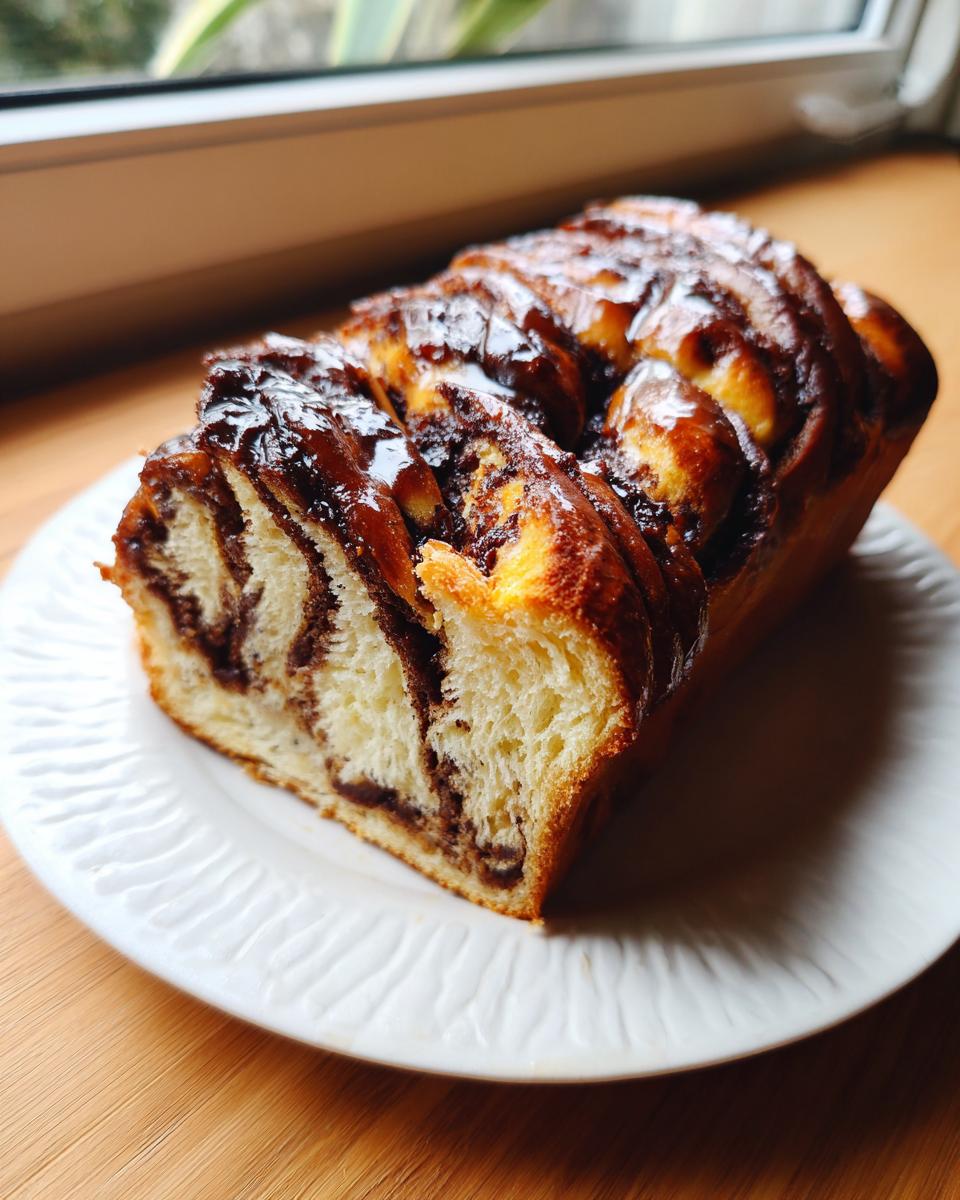 A close-up of a freshly baked chocolate babka loaf, showing rich chocolate swirls inside and a glossy glaze on top.