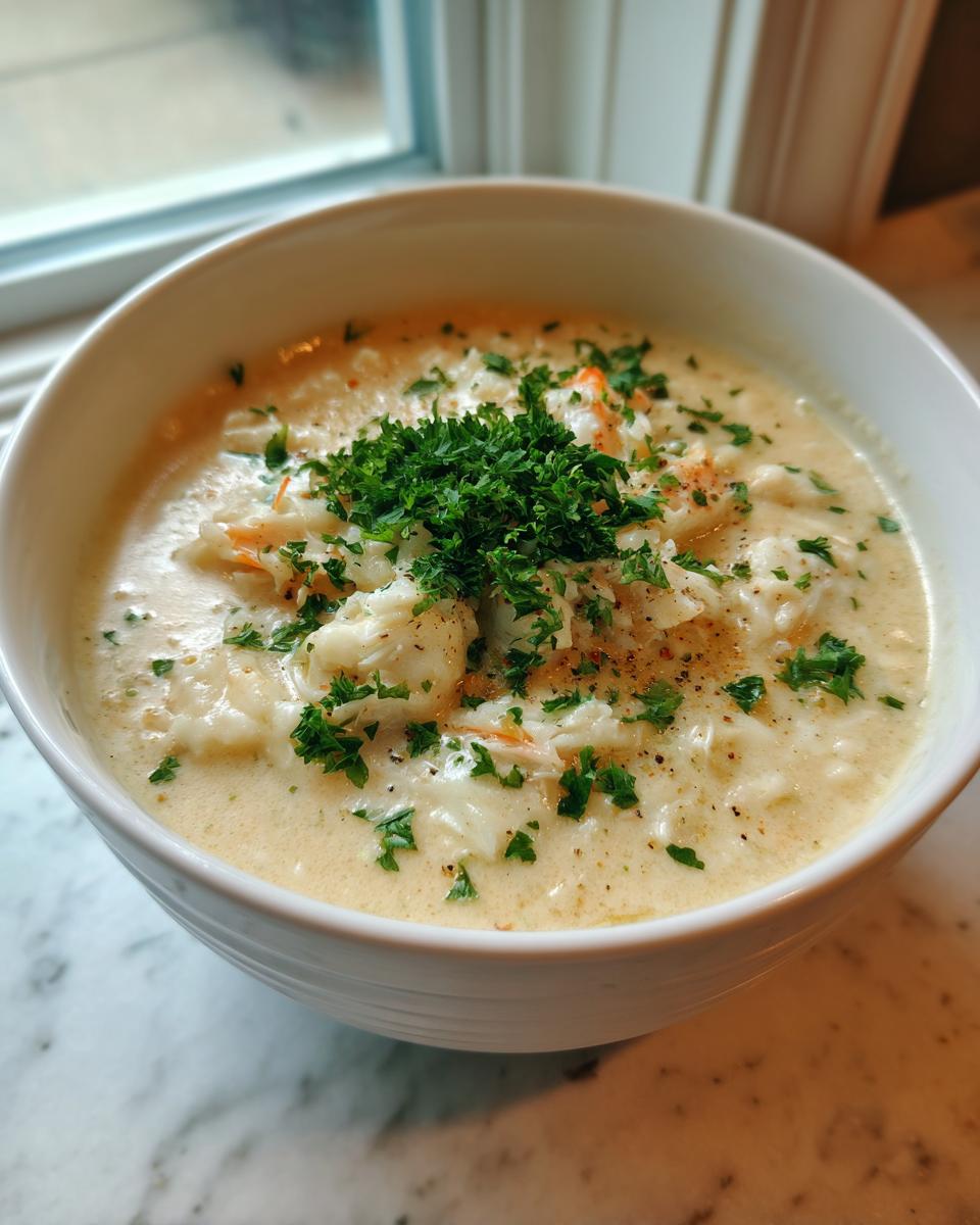 A close-up of a thick, creamy bowl of amazing crab soup, topped generously with fresh chopped parsley.