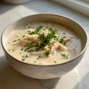 A close-up of a creamy, rich crab soup topped generously with shredded crab meat and fresh parsley.