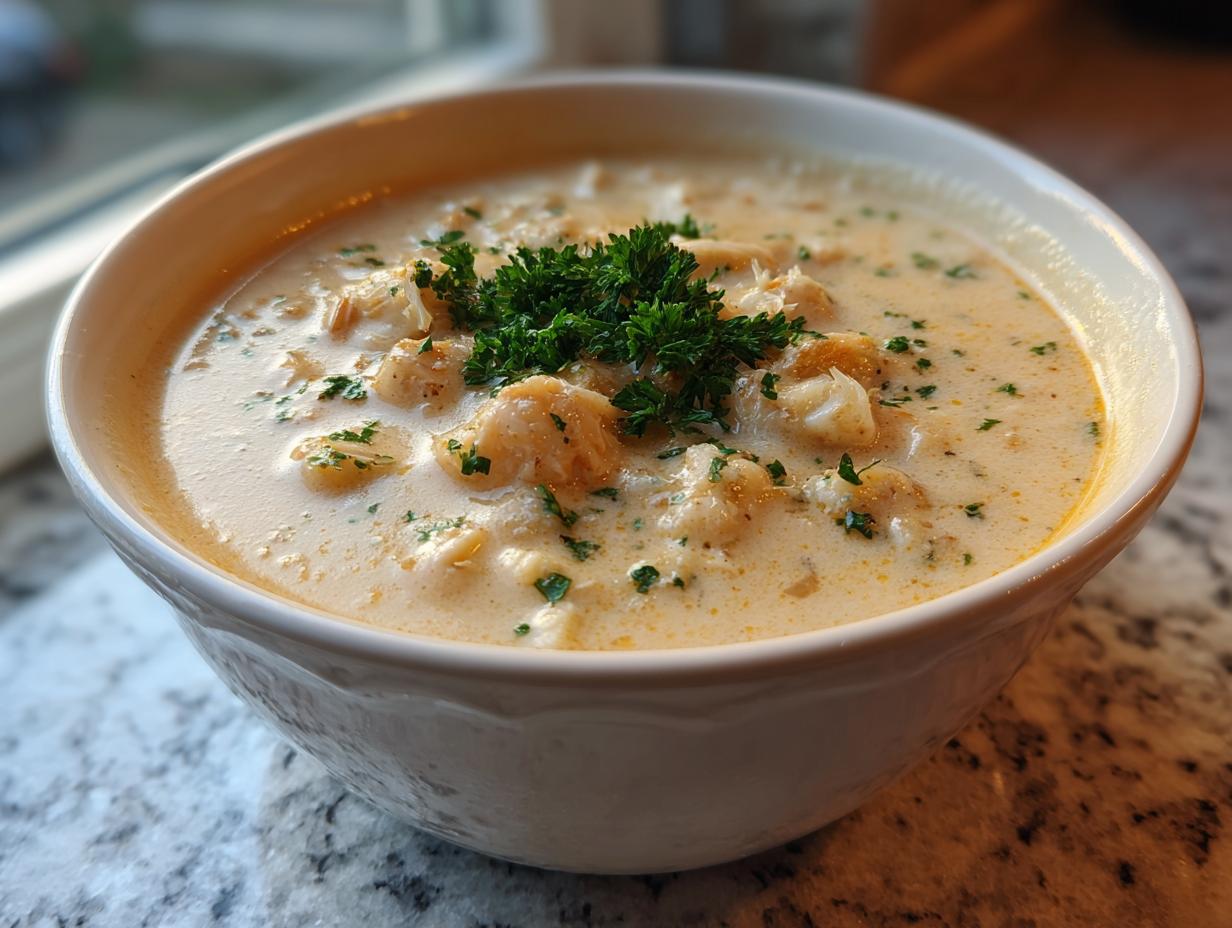 A close-up of a creamy, rich bowl of crab soup, garnished with fresh parsley on top.