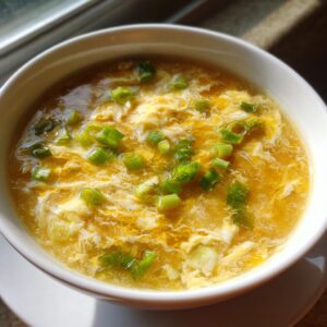 A close-up of a white bowl filled with golden yellow egg drop soup, topped with bright green chopped scallions.