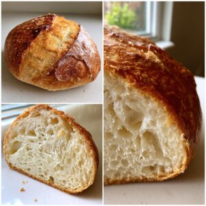 Collage showing a baked french bread loaf, its crust texture, and the open, airy crumb structure.