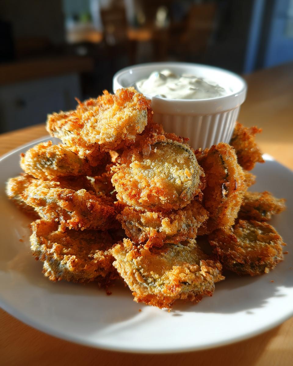 A pile of golden brown, crispy Fried Pickles served on a white plate next to a small bowl of creamy dipping sauce.