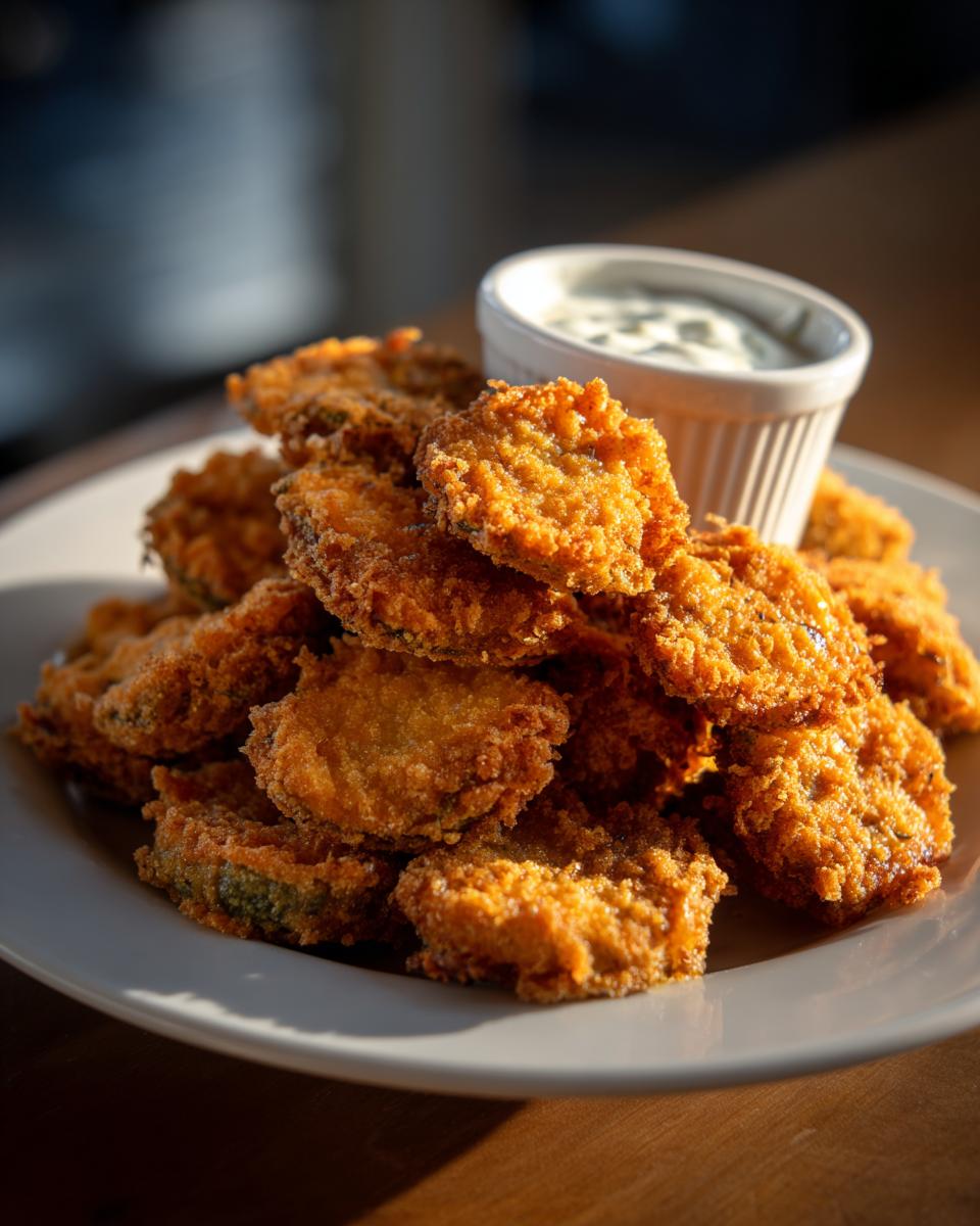 A large pile of golden brown, crispy Fried Pickles served on a white plate next to a small ramekin of ranch dipping sauce.
