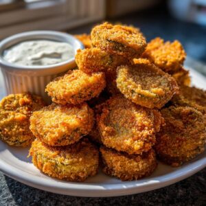 A tall stack of golden brown, crispy Fried Pickles served on a white plate next to a small ramekin of white dipping sauce.
