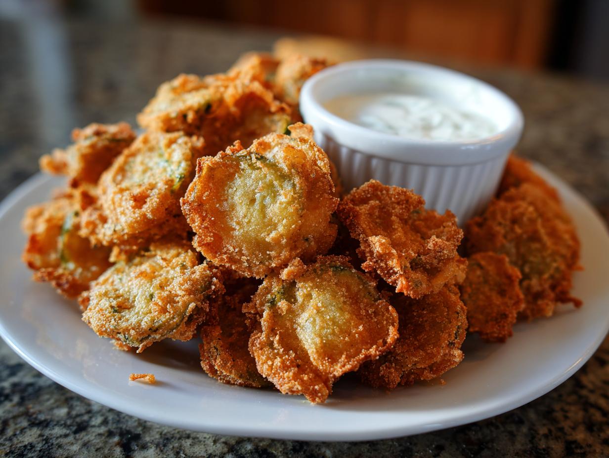 A generous pile of crispy, golden brown Fried Pickles served on a white plate with a side of white dipping sauce.