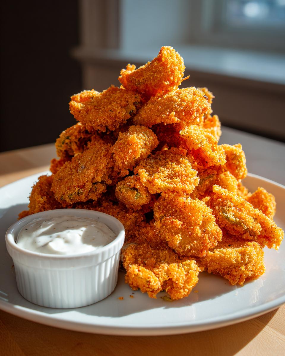 A tall pile of golden brown, crispy Fried Pickles served on a white plate next to a small ramekin of creamy dipping sauce.