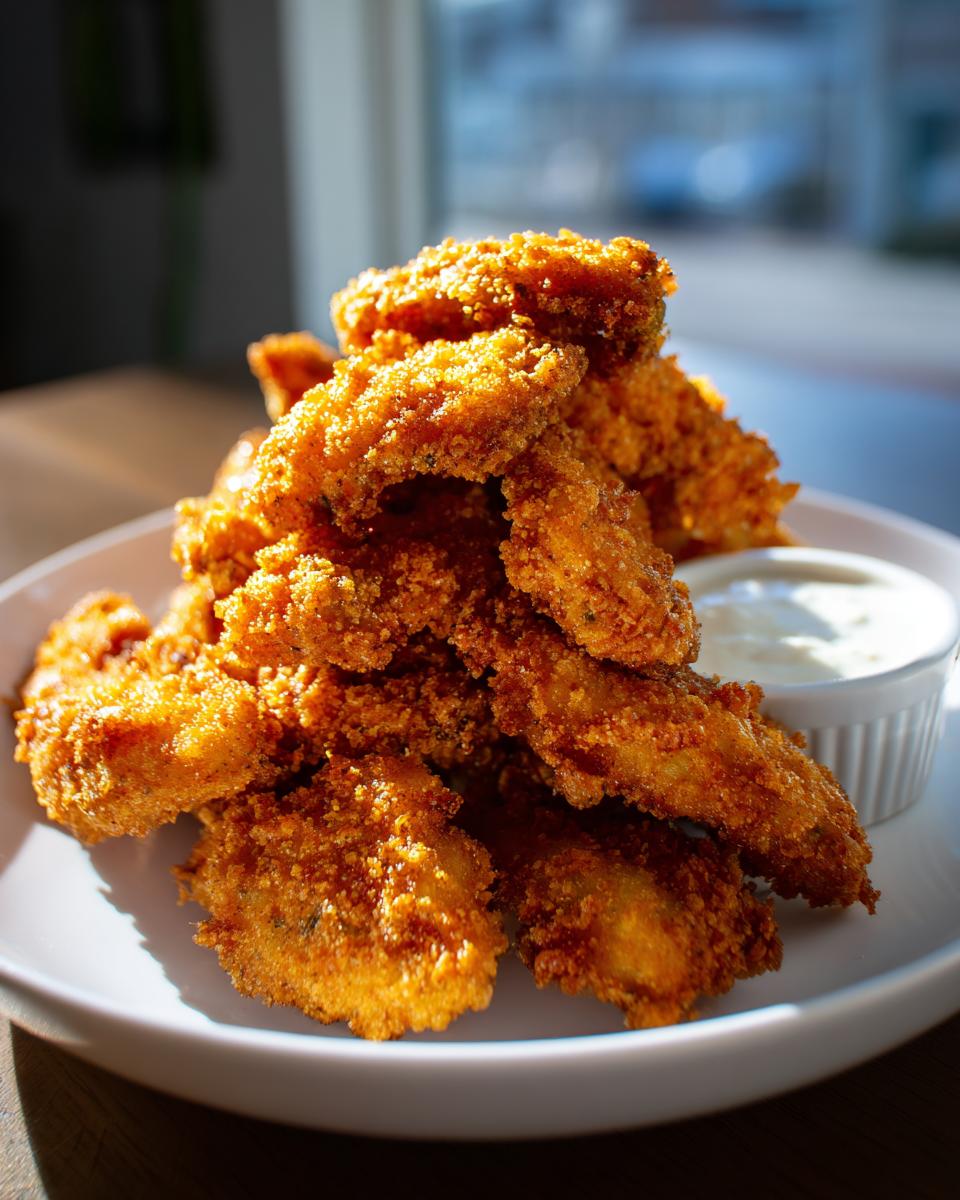 A tall stack of crispy, golden brown Fried Pickles served on a white plate with a side of dipping sauce.