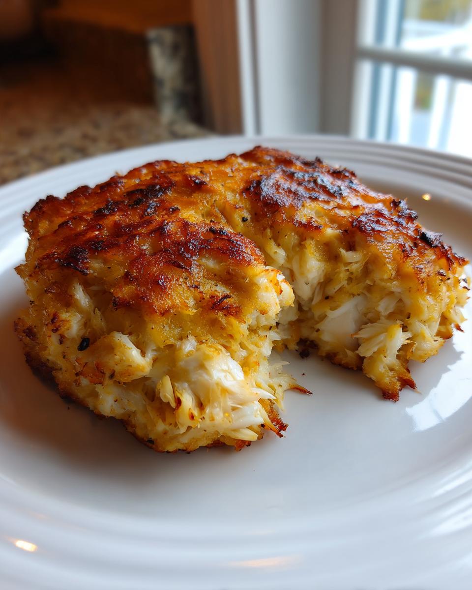 Close-up of a golden-brown, flaky Maryland crab cake with visible chunks of white crab meat.