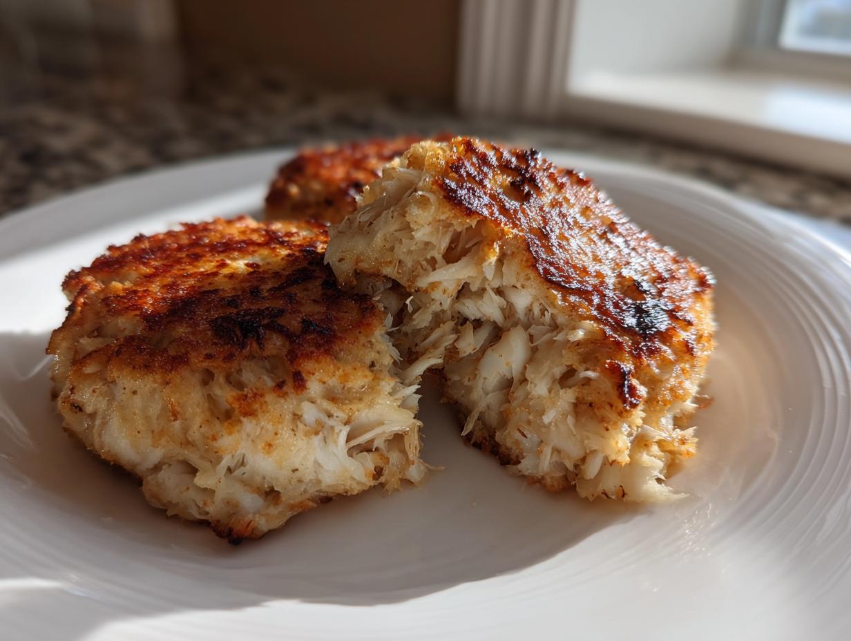 Close-up of amazing maryland crab cakes, one broken open showing flaky white crab meat inside.