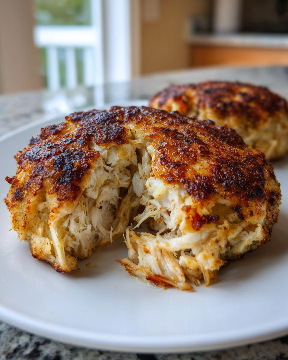 Close-up of a perfectly seared maryland crab cake broken open to show rich, flaky crab meat inside.