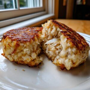 Close-up of a perfectly seared maryland crab cake broken in half, showing large lumps of white crab meat inside.