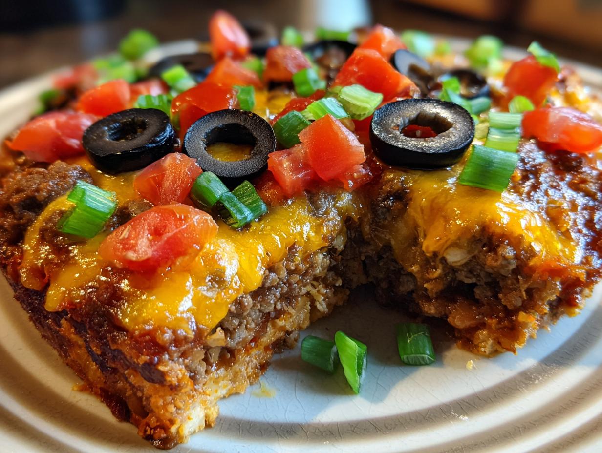 A close-up, cross-section view of a slice of amazing mexican pizza topped with melted cheese, black olives, tomatoes, and green onions.