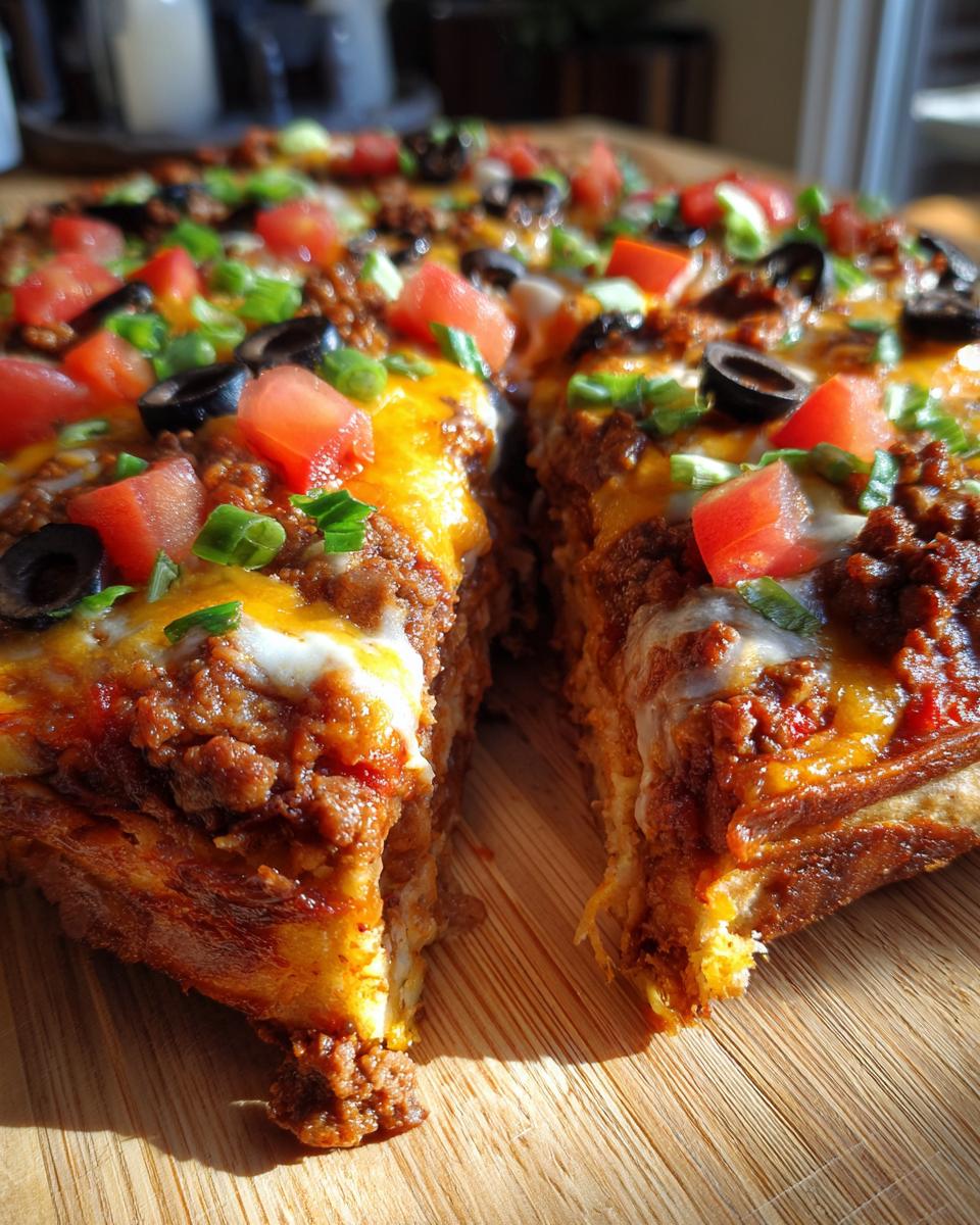 Close-up of a thick slice cut from an amazing mexican pizza, showing layers of seasoned meat, melted cheese, tomatoes, and olives.