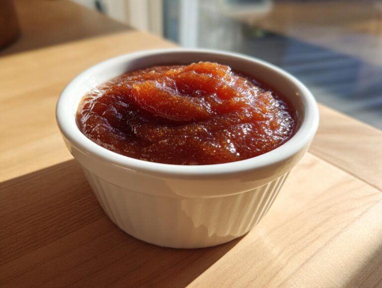 A close-up of rich, dark brown pear butter served in a small white ramekin on a wooden surface.