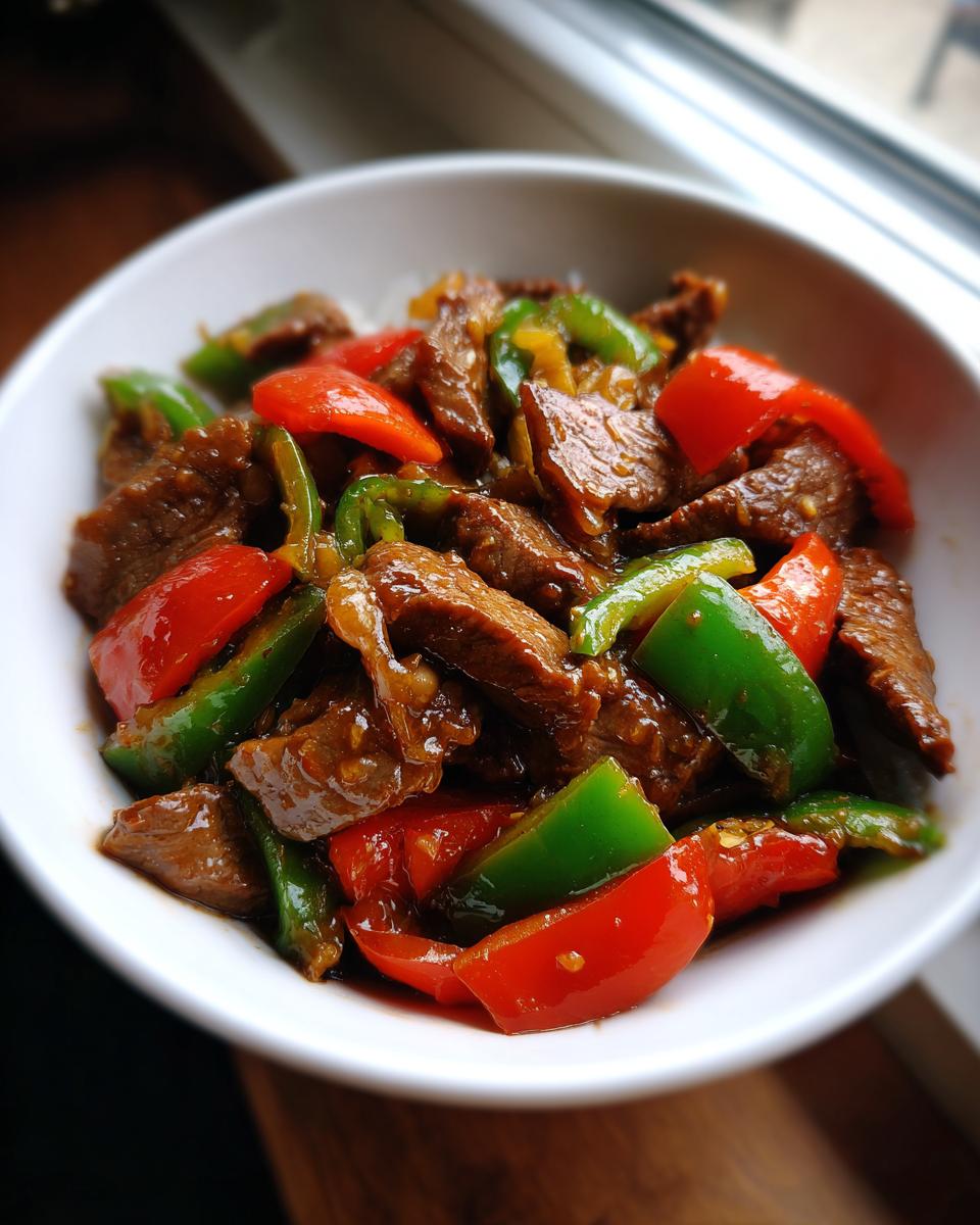 Close-up of tender beef strips and vibrant red and green bell peppers coated in sauce, ready to eat, showcasing the amazing pepper steak.