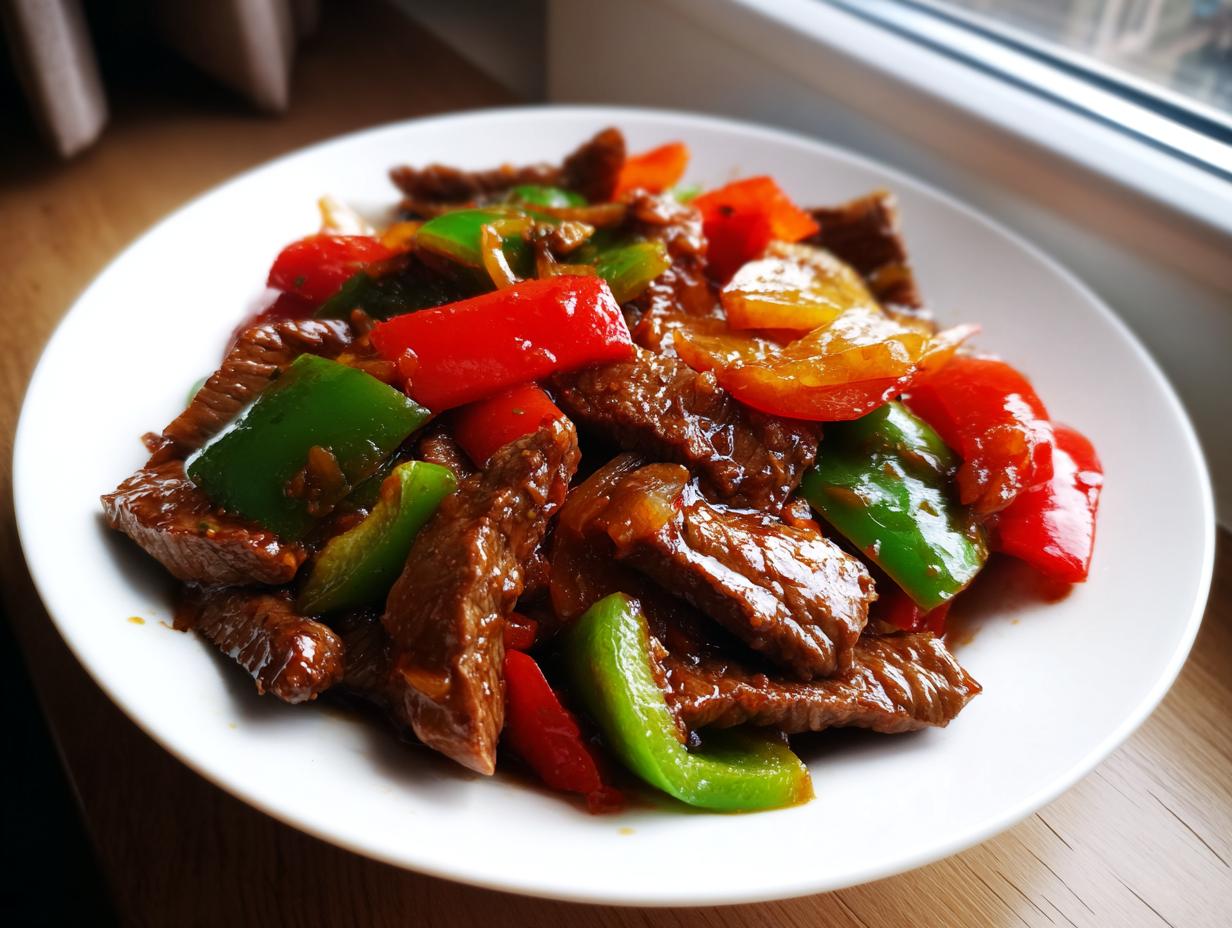A close-up of a serving of amazing 30-minute pepper steak featuring beef strips and colorful bell peppers.