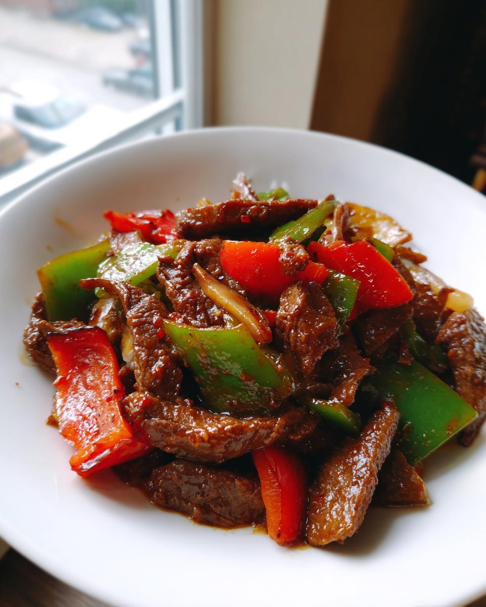 A close-up shot of a serving of vibrant pepper steak featuring strips of beef, red peppers, and green peppers coated in a rich sauce.