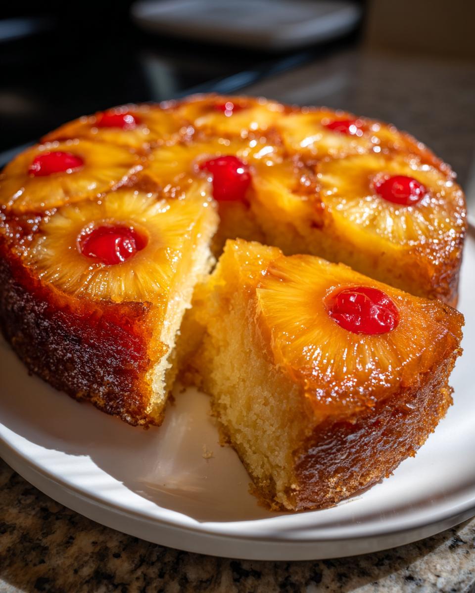 Close-up of a moist pineapple upside down cake with a slice cut out, showing caramelized topping.