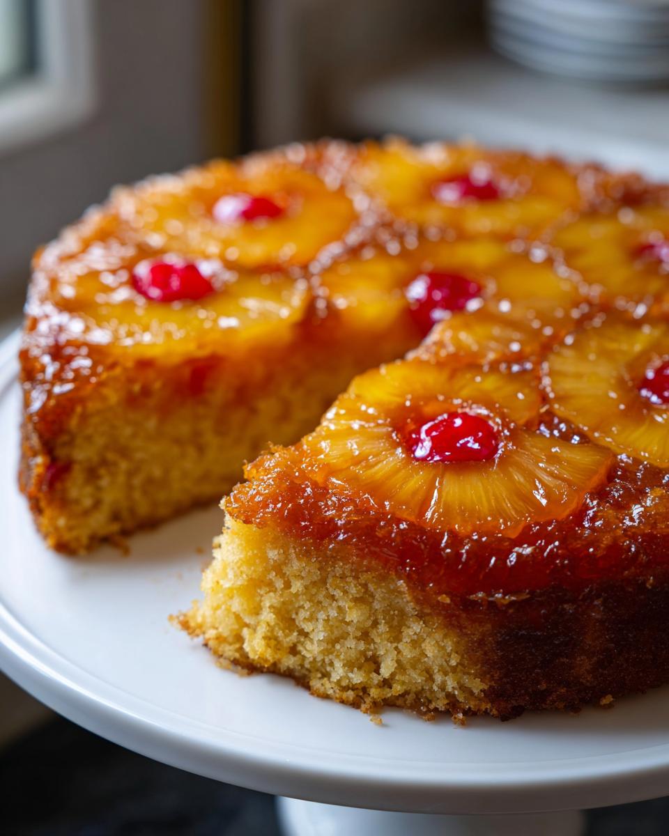 A slice cut from a moist pineapple upside down cake topped with caramelized pineapple rings and cherries.
