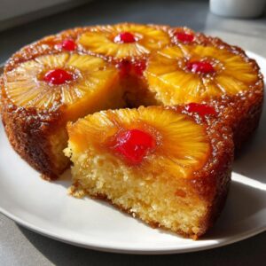 A slice cut from a moist pineapple upside down cake, topped with caramelized pineapple and a maraschino cherry.