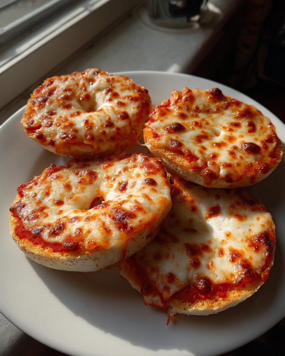 Four golden-brown pizza bagels topped with melted, bubbly mozzarella cheese served on a white plate.
