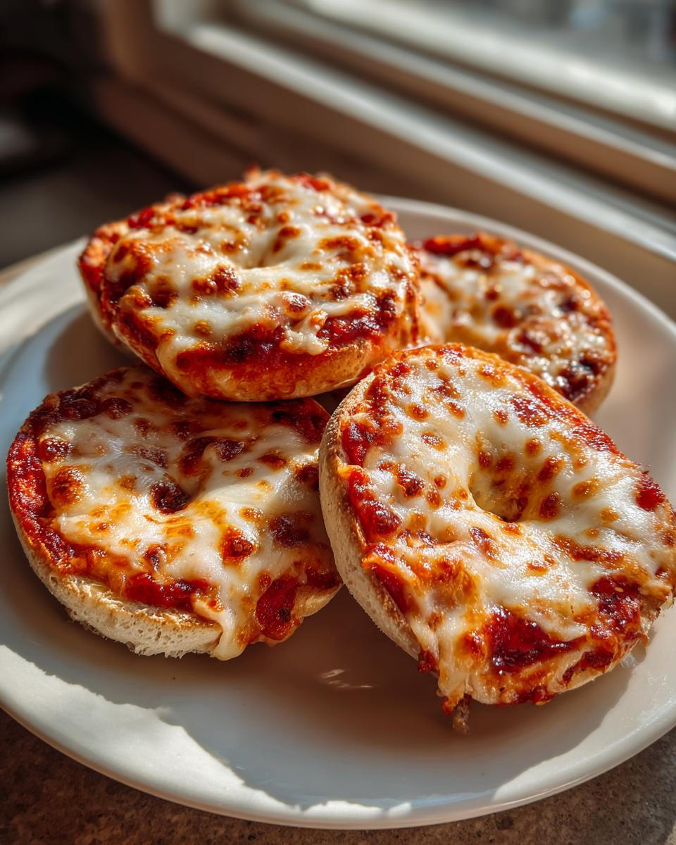 Four freshly baked pizza bagels topped with bubbling, melted mozzarella cheese served on a white plate.