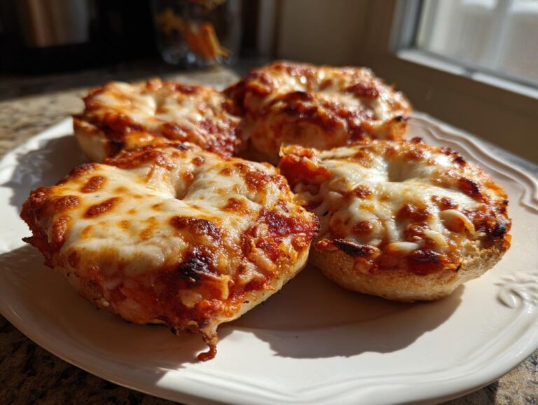 Four freshly baked pizza bagels topped with melted, bubbly mozzarella cheese served on a white plate.