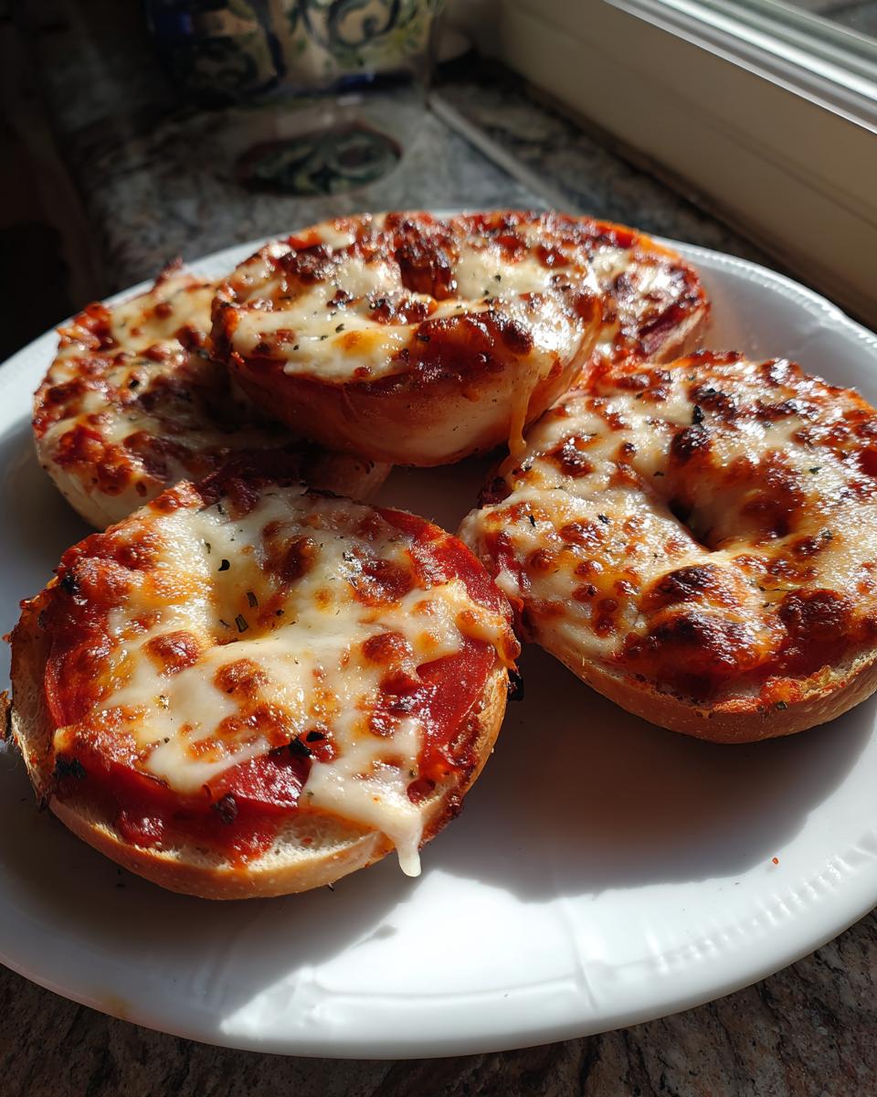 Four freshly baked pizza bagels topped with melted, browned cheese and pepperoni slices, served on a white plate.
