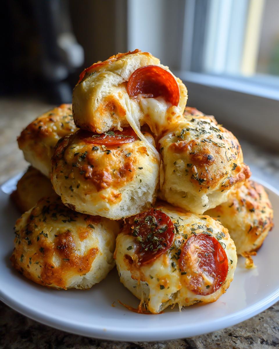 A stack of homemade pizza bites showing a dramatic cheese pull from one broken piece, topped with pepperoni.
