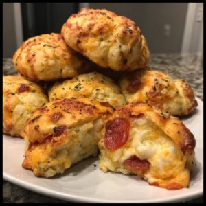 A pile of golden brown pizza bites, one cut open to show melted cheese and pepperoni filling.