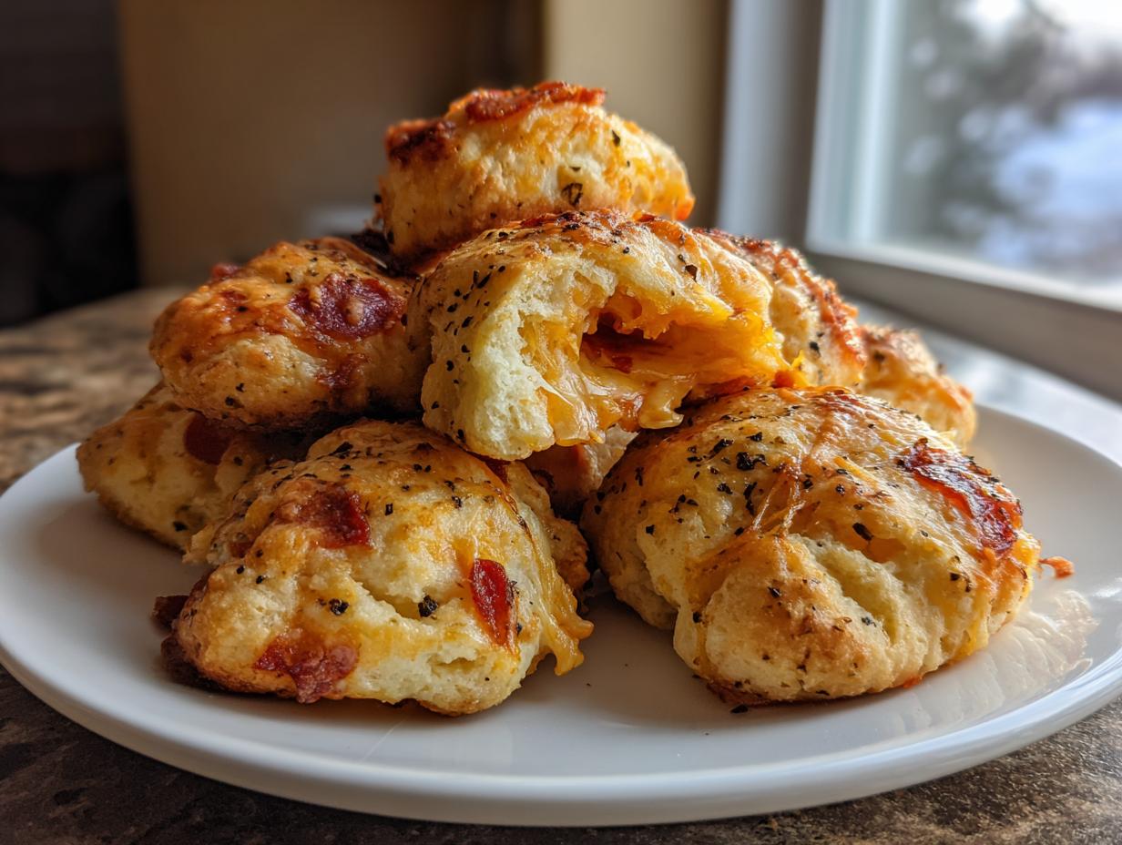 A pile of golden brown, cheesy pizza bites seasoned with herbs, one broken open showing melted cheese.