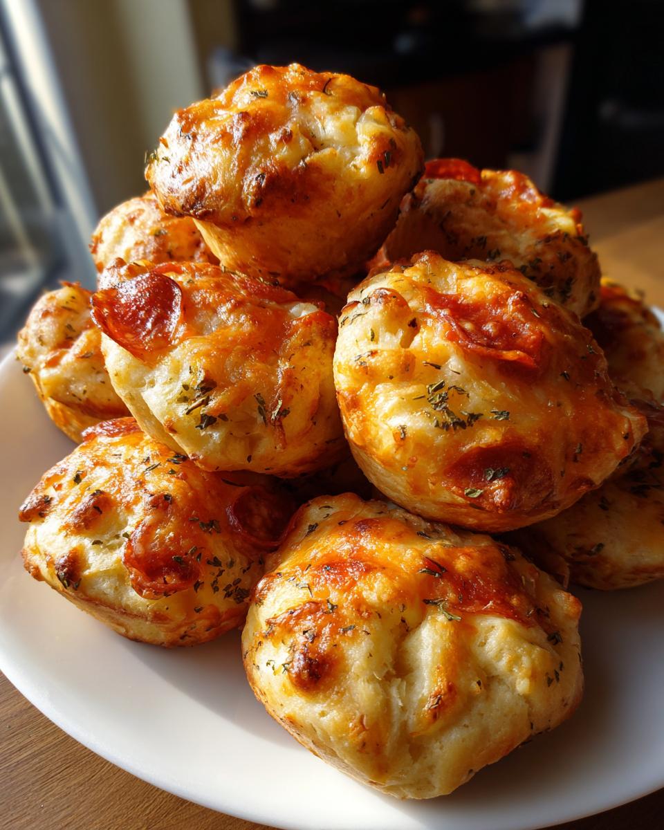 A stack of golden brown, freshly baked pizza bites topped with melted cheese and herbs.