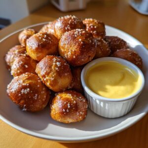A plate piled high with warm, salted pretzel bites next to a small ramekin of bright yellow cheese sauce.