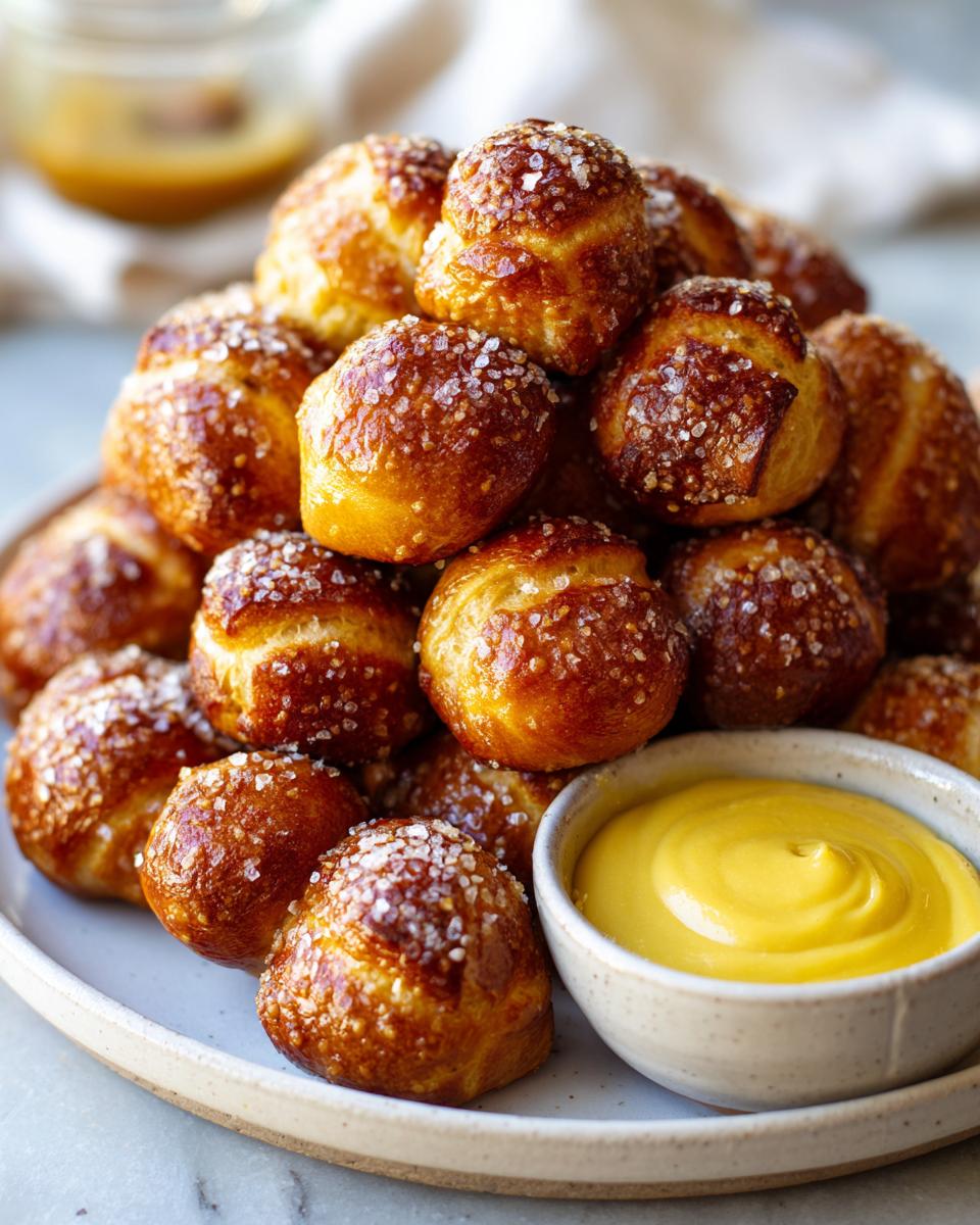 A mound of golden brown, salt-topped pretzel bites served with a small bowl of bright yellow cheese dip.