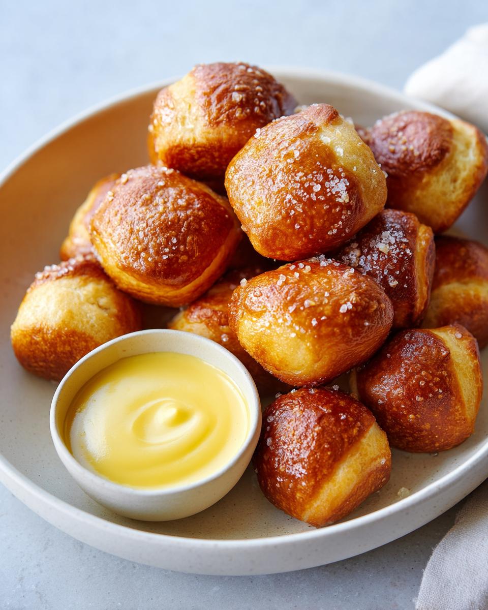 A bowl filled with freshly baked, golden brown pretzel bites sprinkled with coarse salt, served with a side of creamy cheese dip.