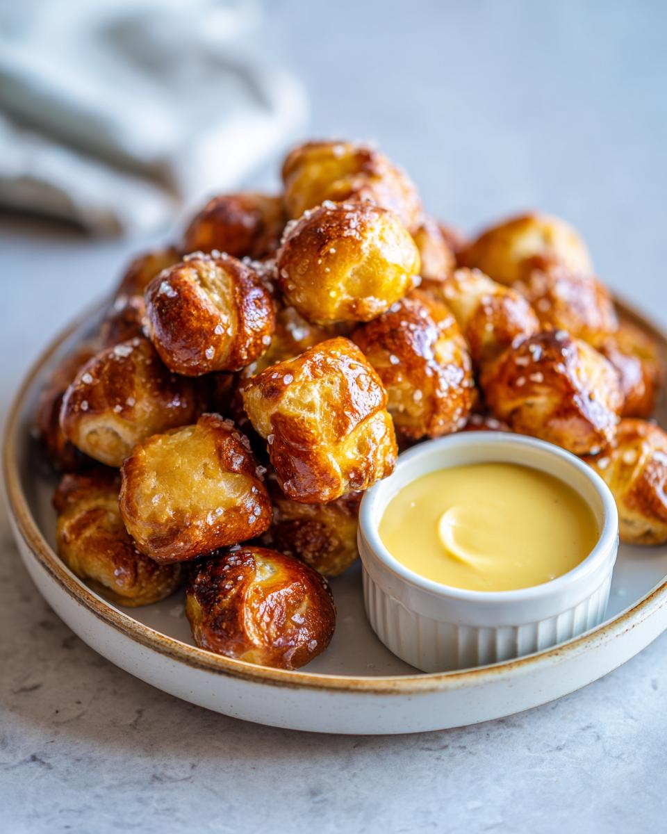 A pile of freshly baked, salted pretzel bites served with a side of bright yellow cheese dip.