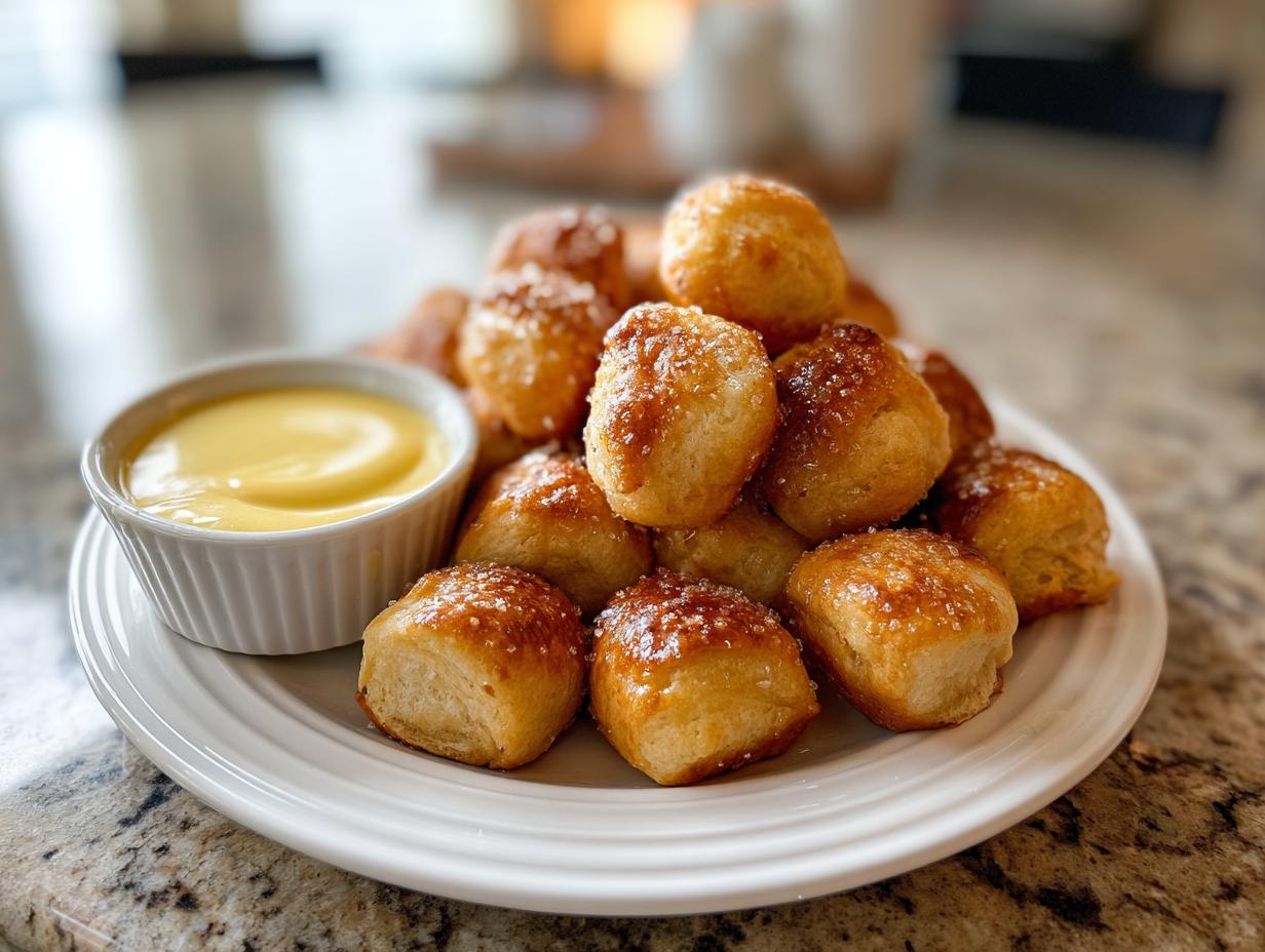 A pile of freshly baked, golden brown pretzel bites sprinkled with coarse salt, served with a side of yellow cheese dip.