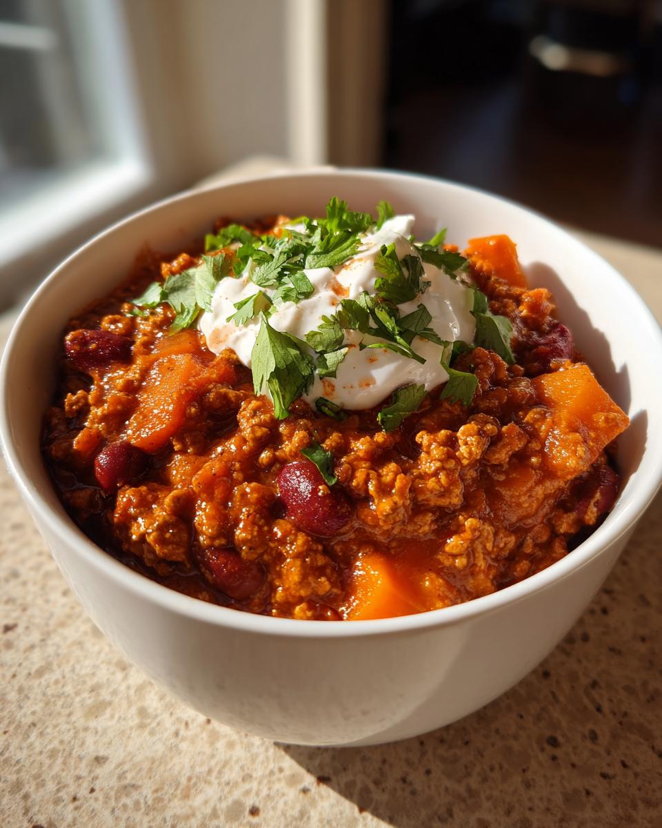 A close-up of a white bowl filled with rich pumpkin chili, topped with sour cream and fresh cilantro.