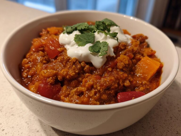 A close-up of a white bowl filled with rich, savory pumpkin chili topped with sour cream and cilantro.