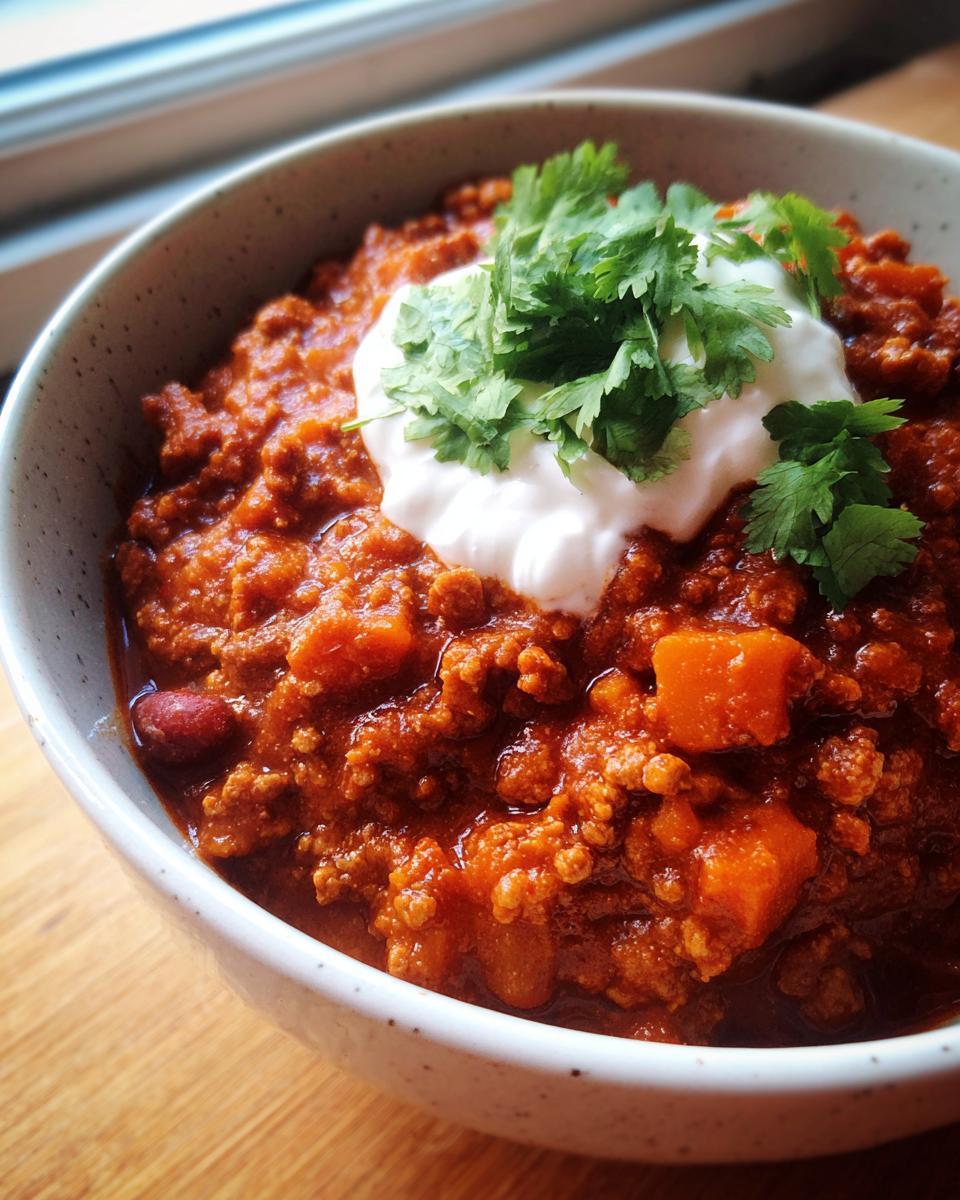 Close-up of a bowl of rich pumpkin chili topped with sour cream and fresh cilantro.