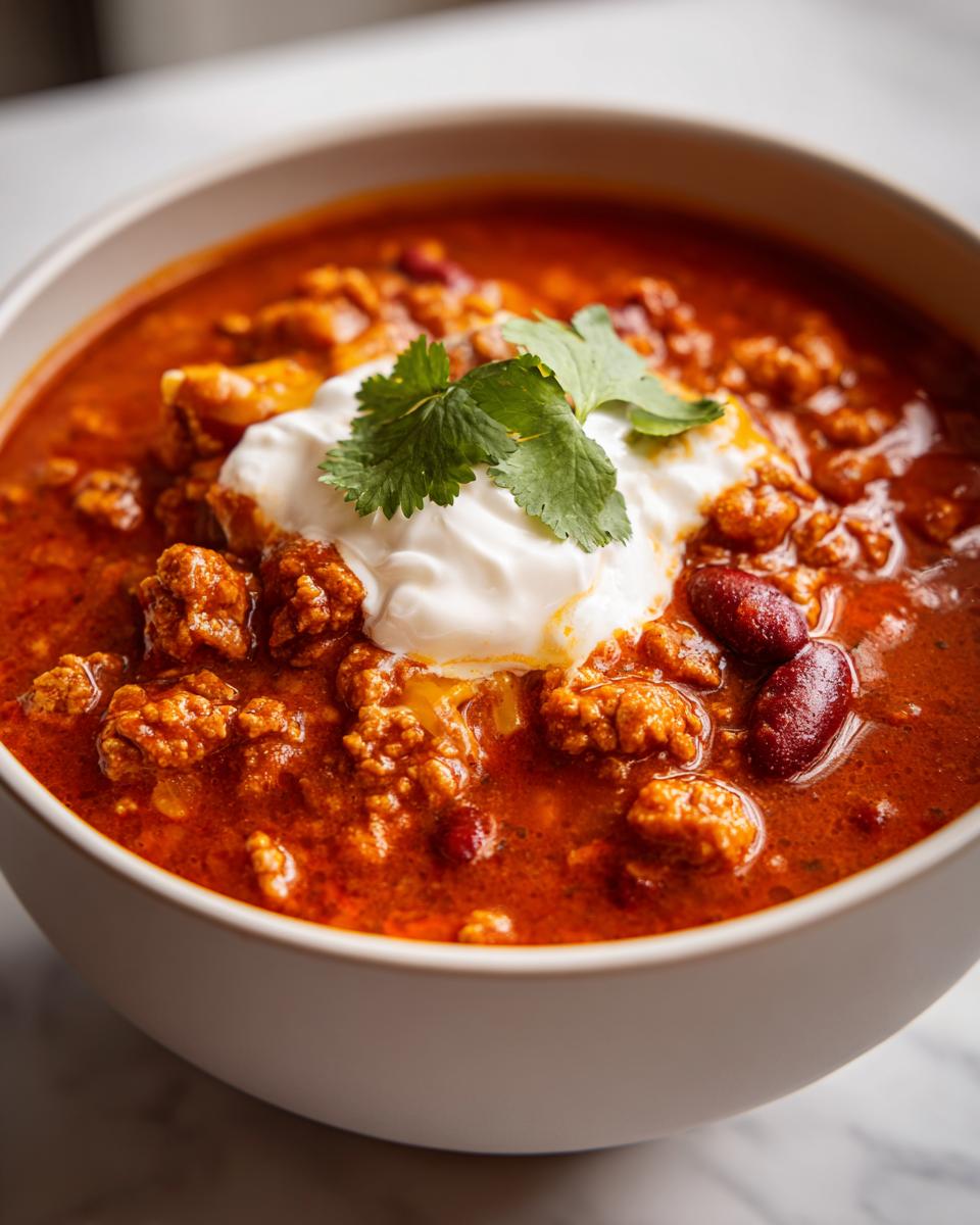 Close-up of a bowl of rich, red pumpkin chili topped with sour cream and fresh cilantro.