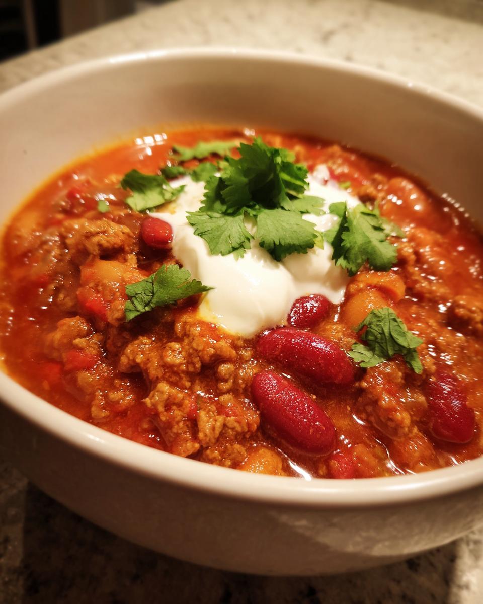 A close-up of a bowl of rich pumpkin chili topped with sour cream, kidney beans, and fresh cilantro.