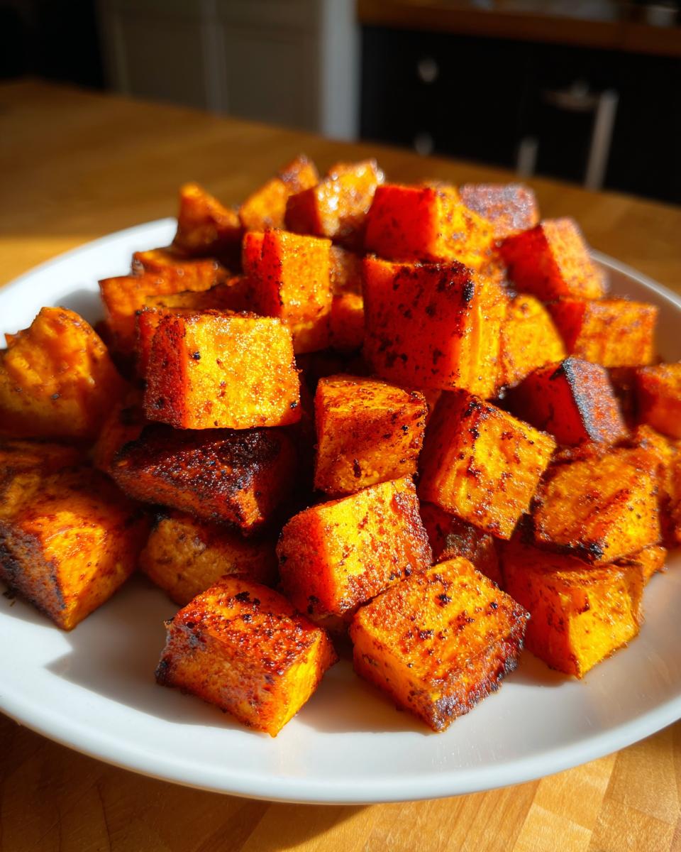 A close-up of perfectly seasoned and caramelized roasted sweet potato cubes piled on a white plate.
