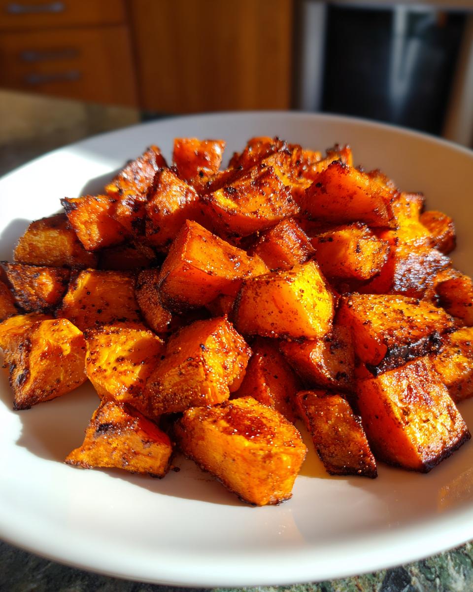Close-up of perfectly seasoned and caramelized roasted sweet potato cubes piled in a white bowl.
